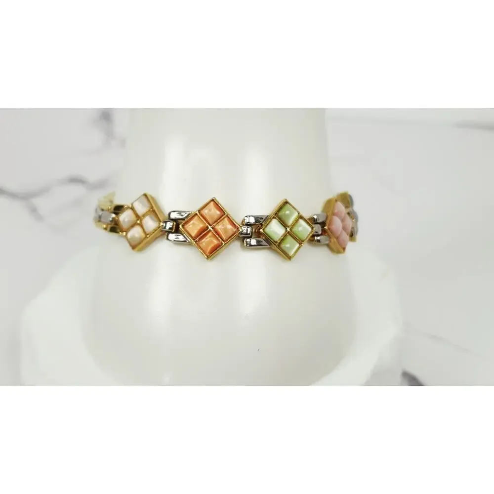 Vintage Retro Pastel Mosaic Cat's Eye Diamond Panel Link Bracelet 7.5